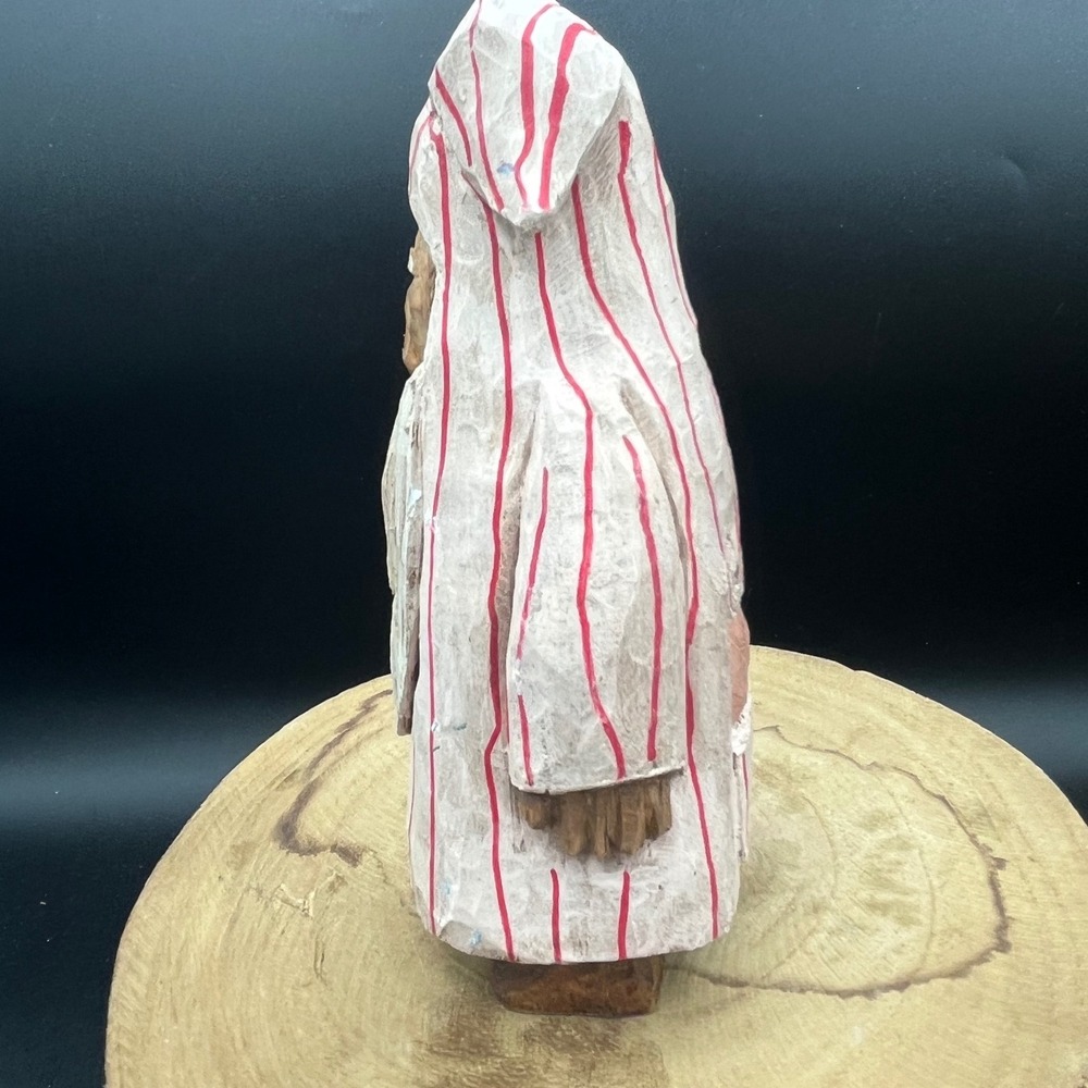 Vintage 1999 Hand Carved Wood Mooning Santa Figurine Folk Art Striped Nightgown - Picture 2 of 7